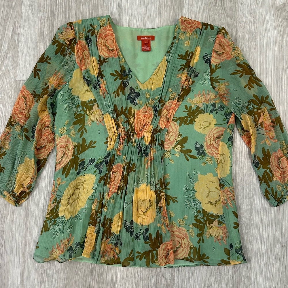 Sundance Silk Floral Sheer Crinkle Lined Blouse Mint Muted Tones 3/4 Sleeve L